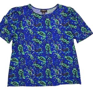 Liz Claiborne Career Bold Blue Green Paisley Floral Stretch Woven Top XL